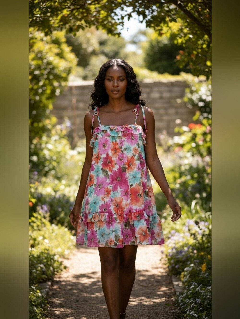 Mine Floral Tiered Ruffle Mini Dress Pink Blue Tie Shoulder Sundress Size M